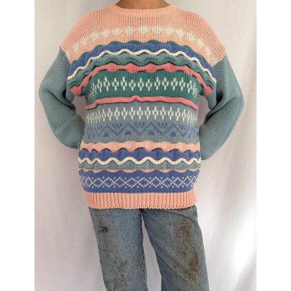 80s vintage pink blue pastel striped textured grandma cottage ugly knit sweater - Picture 2 of 8